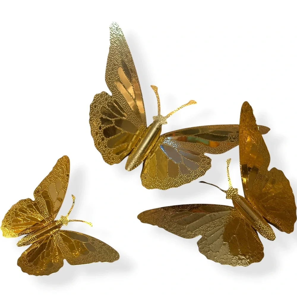 Vintage Gold Metal Butterfly Wall Decor Set of 3 Embossed Textured MCM Style